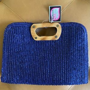 Vintage Woolworth Deadstock NWT Straw Bag Purse Navy Blue Clutch Wood Handle